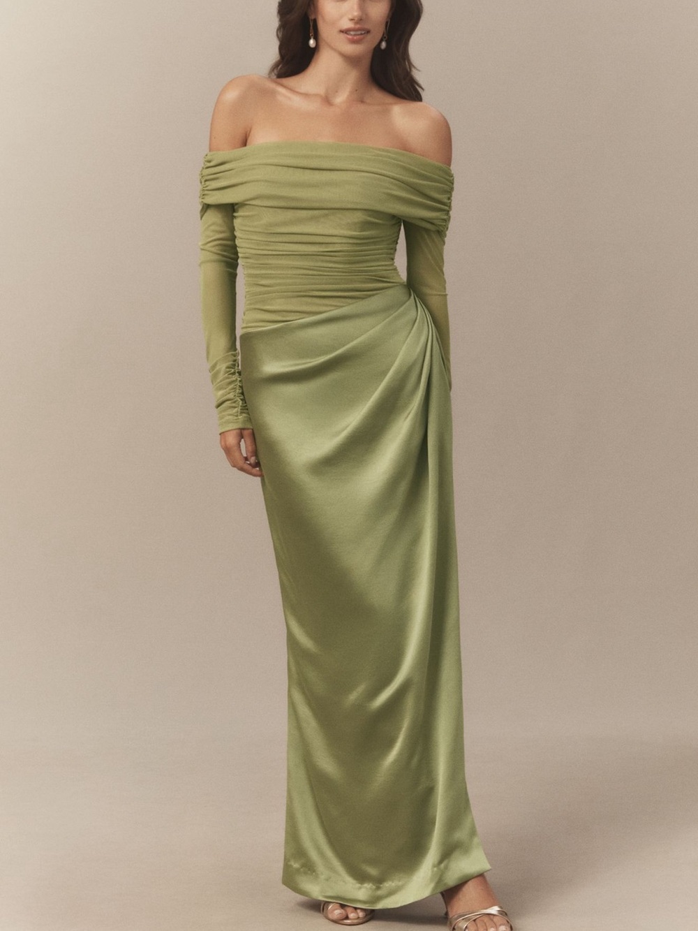 BHLDN Olive Green Off-Shoulder Ruched Satin Gown